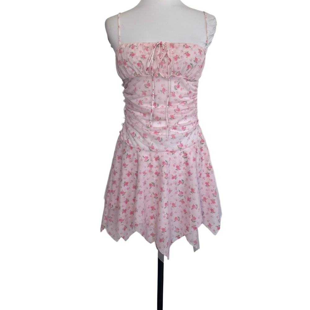 Tyler McGillivary Dress Pink Floral Ruched Fairy Feminine Handkerchief Mini S